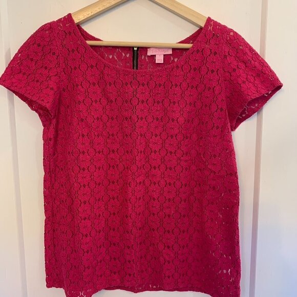 Lilly Pulitzer sz S Hot Pink Poppy Floral Sheer Lace Short Sleeve Top Fuchsia - Picture 3 of 8